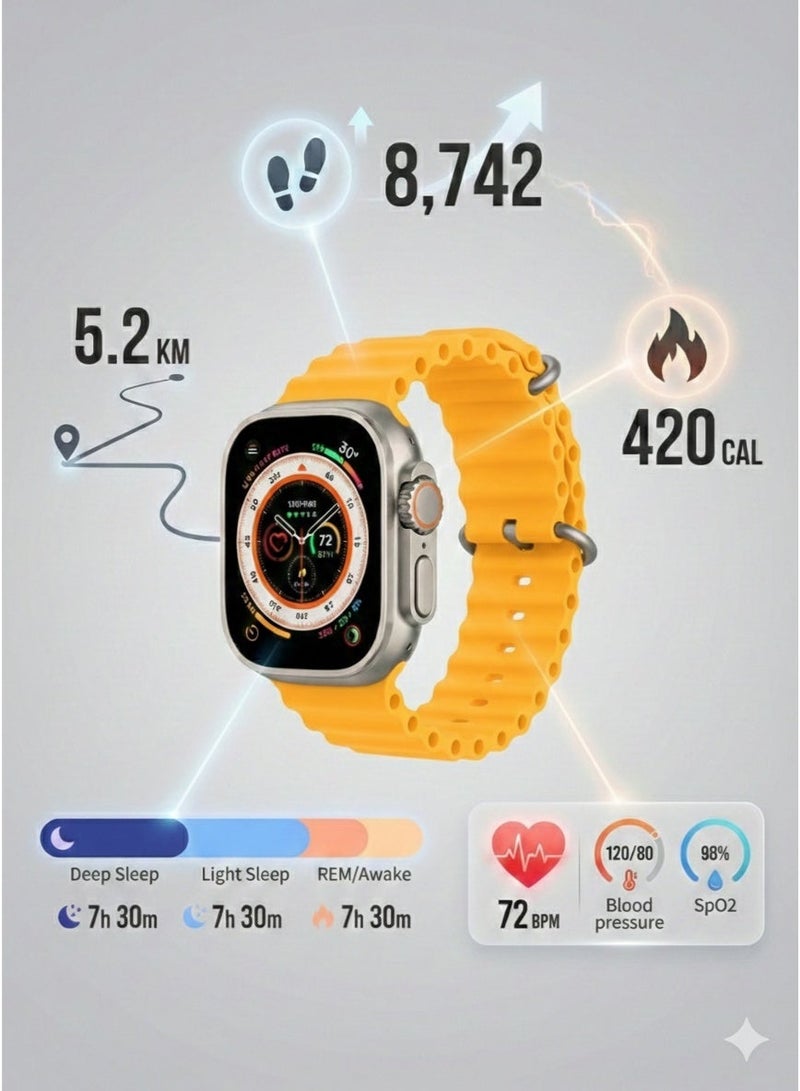 AREX T900 Ultra 2 Smartwatch 2.20 inch Display with 3-5 Day Battery Life & Bluetooth Calls - Rugged Fitness Tracker with Heart Rate, SpO2 & Sleep Monitoring, Multi-Sport Modes, Message Notifications - Series 9 Style Fitness Watch 49mm Titanium Alloy Case with Yellow Silicone Ocean Band - Image 4